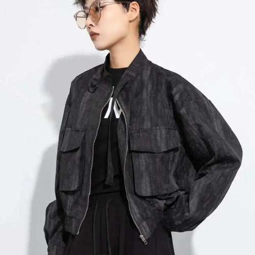 Load image into Gallery viewer, Black Big Size Pocket Short Casual Jacket New Stand Collar Long Sleeve Women Coat Fashion Tide Spring Autumn 2025 1DH8223
