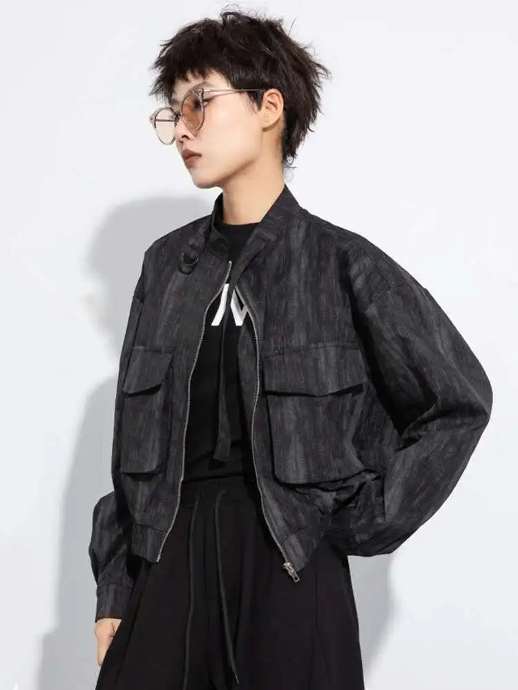 Black Big Size Pocket Short Casual Jacket New Stand Collar Long Sleeve Women Coat Fashion Tide Spring Autumn 2025 1DH8223