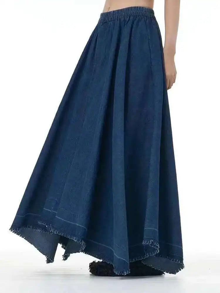High Elastic Waist Black Denim Irregular Burr Denim Long Half-body Skirt Women Fashion Tide New Spring Autumn 2025 1DH8220