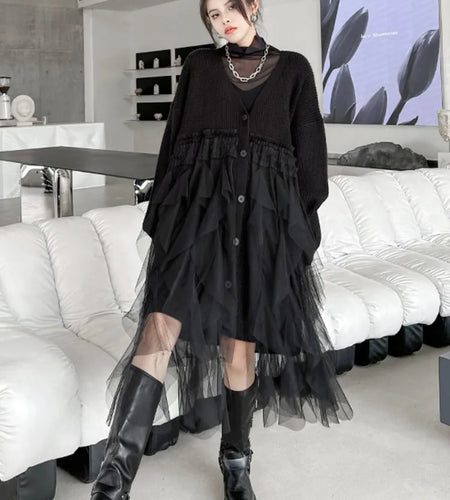 Women Black Big Size Knitting Mesh Irregular Sweater Dress New V-Neck Long Sleeve Fashion Spring Autumn 2025 1DH2366