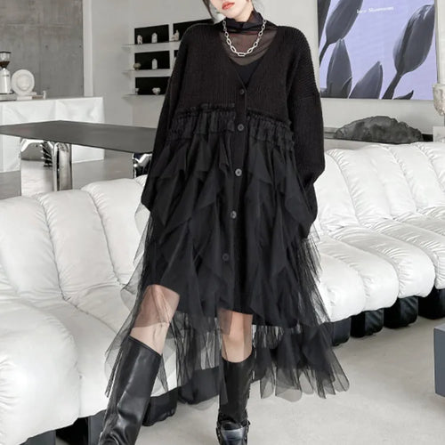 Load image into Gallery viewer, Women Black Big Size Knitting Mesh Irregular Sweater Dress New V-Neck Long Sleeve Fashion Spring Autumn 2025 1DH2366
