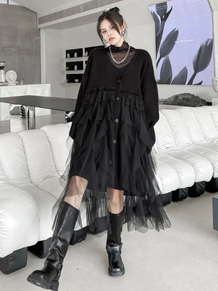 Women Black Big Size Knitting Mesh Irregular Sweater Dress New V-Neck Long Sleeve Fashion Spring Autumn 2025 1DH2366