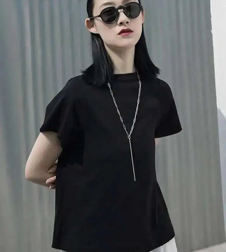 Women Gray Brief White Plain Color Casual T-shirt New Round Neck Short Sleeve Fashion Tide Spring Summer 2025 1W028