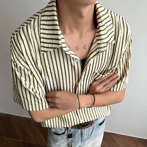 Load image into Gallery viewer, Summer Male Shirts Short Sleeve New Contrast Color Stripes Trendy Men's Loose Turn-down Collar Pullover Men Top 9W1563
