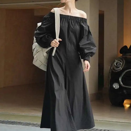 Load image into Gallery viewer, Women Black Brief Long Elegant Dress New Slash Neck Long Puff Sleeve Loose Fit Fashion Tide Spring Autumn 2025 1DF9947
