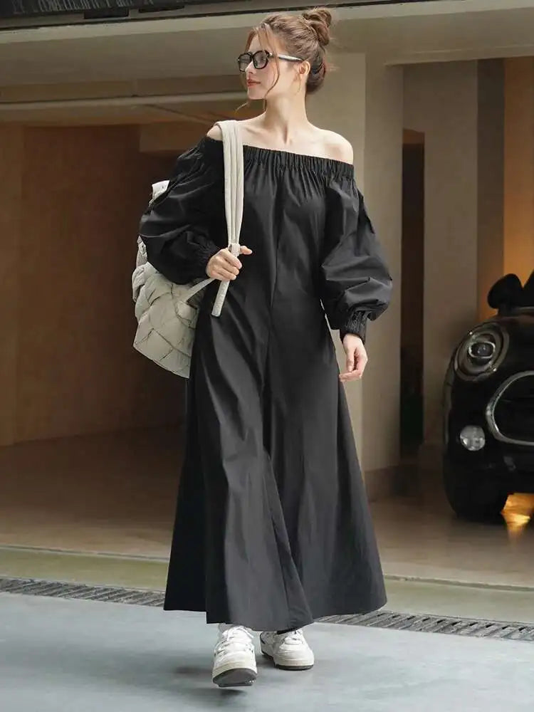 Women Black Brief Long Elegant Dress New Slash Neck Long Puff Sleeve Loose Fit Fashion Tide Spring Autumn 2025 1DF9947