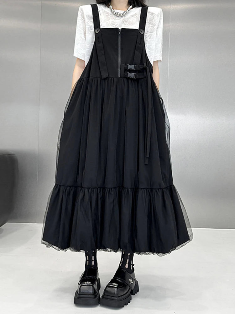 Women Black Buckle Mesh Big Size Midi Strap Dress New Square Collar Sleeveless Fashion Tide Spring Autumn 2025 1DJ1426