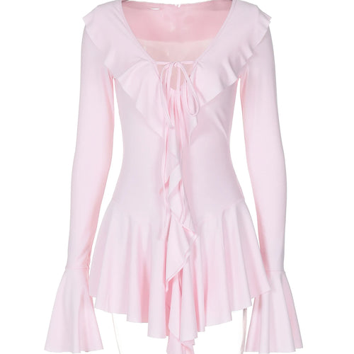 Load image into Gallery viewer, Elegant Solid V Neck Ruffles Long Flare Sleeve Bandage Pleated Sexy Bodycon Mini Dress Women Clothes Birthday Festival
