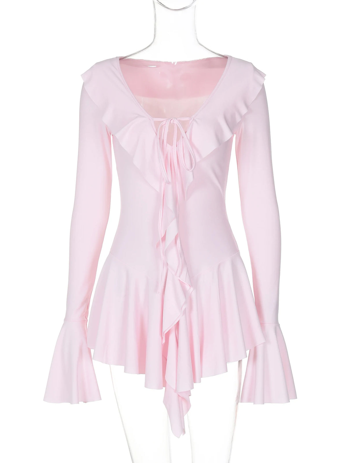 Elegant Solid V Neck Ruffles Long Flare Sleeve Bandage Pleated Sexy Bodycon Mini Dress Women Clothes Birthday Festival