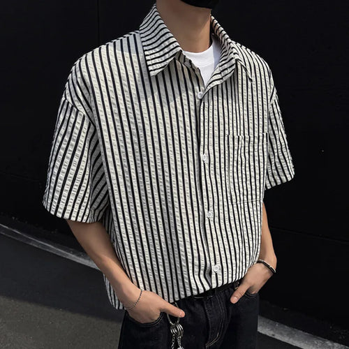 Load image into Gallery viewer, Summer Male Shirts Short Sleeve New Contrast Color Stripes Trendy Men's Loose Turn-down Collar Pullover Men Top 9W1563
