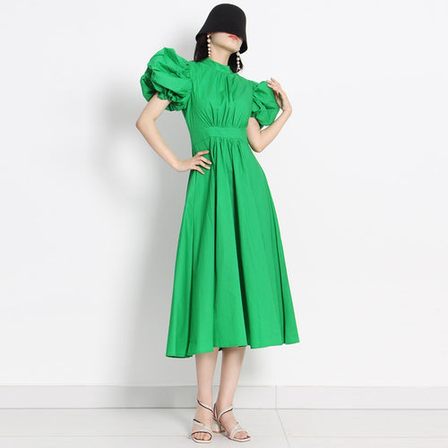 Load image into Gallery viewer, Loose Casual Dress For Women Round Neck Puff Sleeve High Waist Solid Minimalist Midi Dresses Female Summer Clothing
