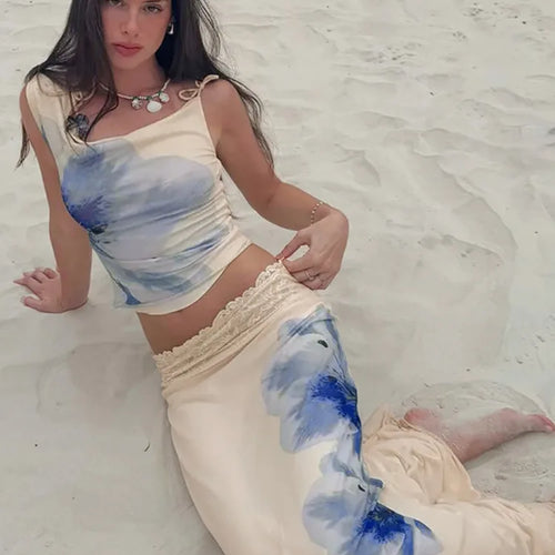 Load image into Gallery viewer, Print Beach Sexy Skirt Two Piece Sets Women Oblique Shoulder Tank Tops And Maxi Skirt Female Club 2 Piece Sets Fashion
