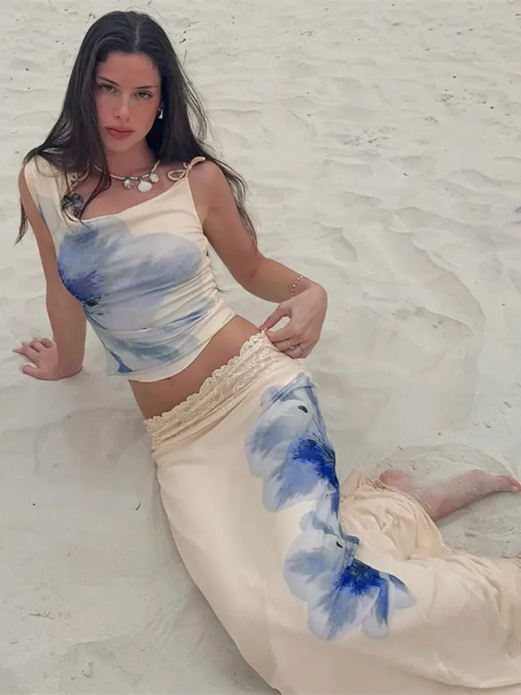 Print Beach Sexy Skirt Two Piece Sets Women Oblique Shoulder Tank Tops And Maxi Skirt Female Club 2 Piece Sets Fashion