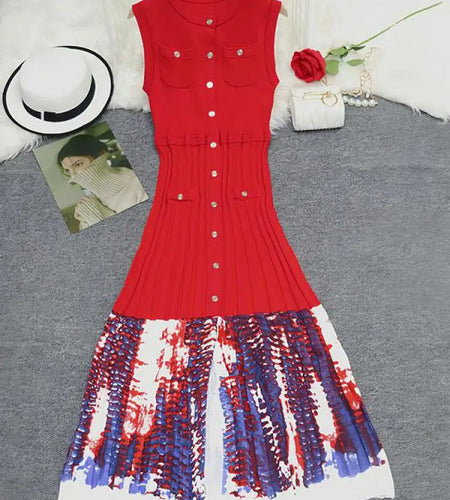 Korean Black Blue Print Patchwork Sleeveless Single Breasted Knitted Dress Women's Summer Red Elegant Round Neck Slim Long Dress