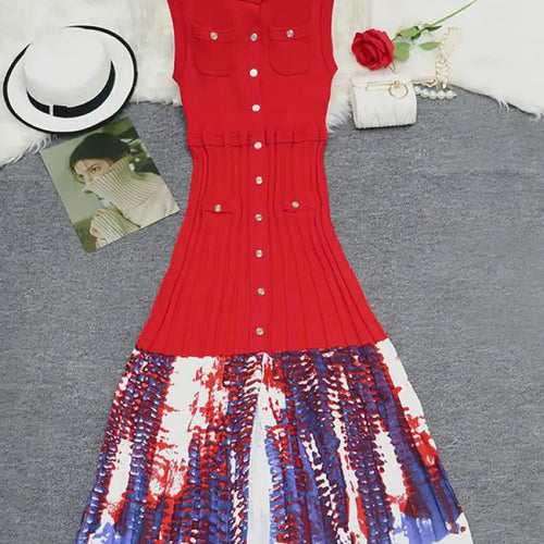 Load image into Gallery viewer, Korean Black Blue Print Patchwork Sleeveless Single Breasted Knitted Dress Women's Summer Red Elegant Round Neck Slim Long Dress
