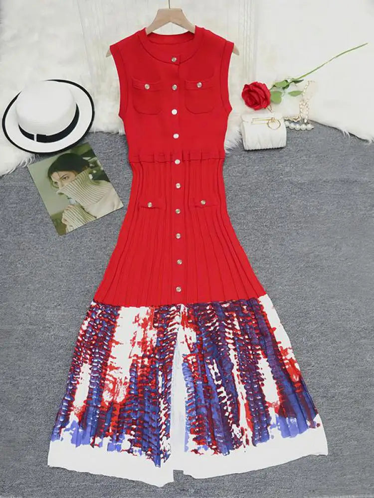 Korean Black Blue Print Patchwork Sleeveless Single Breasted Knitted Dress Women's Summer Red Elegant Round Neck Slim Long Dress