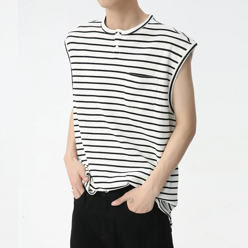 Men's Casual Tank Top Korean Style Simple Striped Shoulder Pads Sleeveless Fashion Color Contrast Crewneck Male Vest C