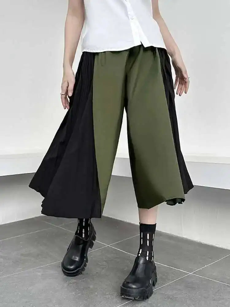 High Elastic Waist Army Green Color-block Pleated Wide Leg Pants New Trousers Women Fashion Spring Autumn 2025 1DH5281