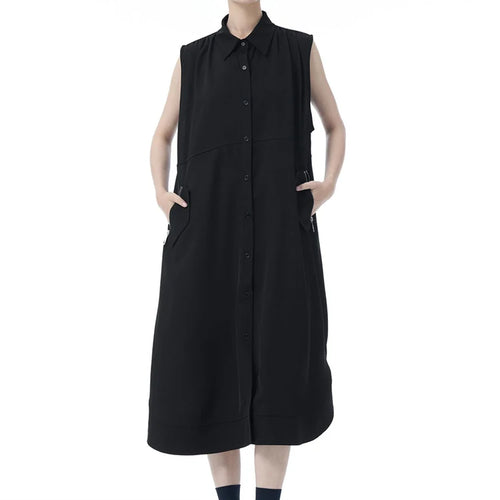 Load image into Gallery viewer, Women Dark Gray Zipper Pocket Big Size Midi Shirt Dress New Lapel Sleeveless Fashion Tide Spring Summer 2025 1DJ0950
