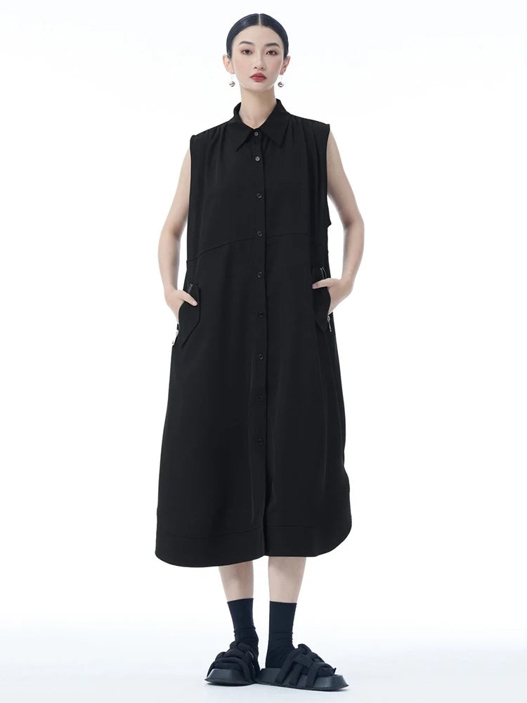 Women Dark Gray Zipper Pocket Big Size Midi Shirt Dress New Lapel Sleeveless Fashion Tide Spring Summer 2025 1DJ0950