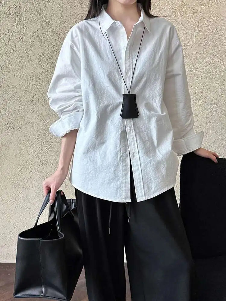 Women White Brief Plain Color Big Size Casual Blouse New Lapel Long Sleeve Shirt Fashion Tide Spring Autumn 2025 1DJ0744