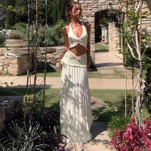 Load image into Gallery viewer, Sexy Sleeveless Skirt Two Pieces Sets For Women V-neck Hollow Out Crop Tops And Long Skirt Patchwork Two Pieces Sets
