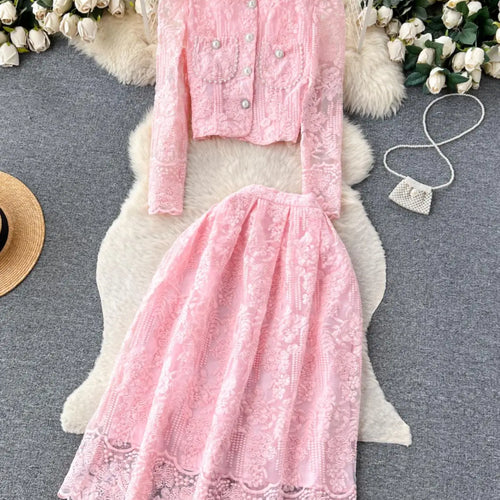 Load image into Gallery viewer, Vintage Elegant Two Piece Set Women Solid Lace Round Neck Long Sleeve Button Short Tops And High Waist Pleated Midi Skirt Autumn
