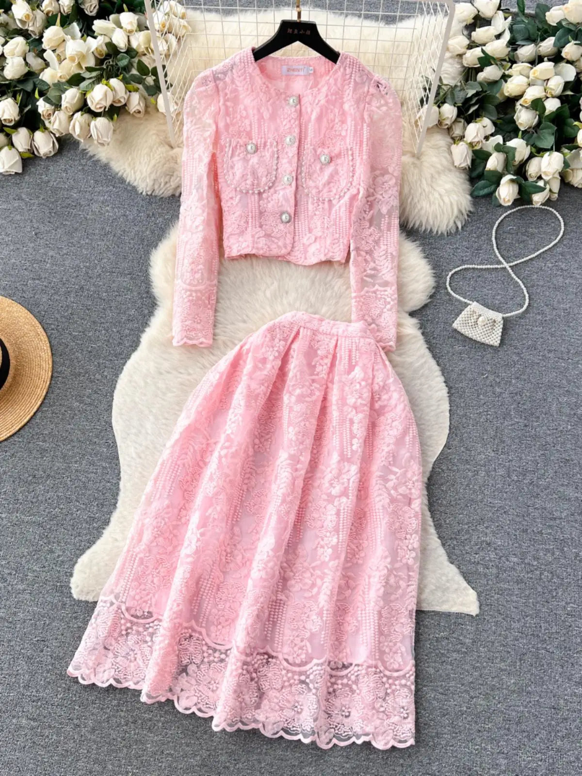 Vintage Elegant Two Piece Set Women Solid Lace Round Neck Long Sleeve Button Short Tops And High Waist Pleated Midi Skirt Autumn