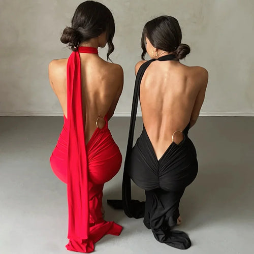 Load image into Gallery viewer, Oblique Shoulder Backless Maxi Dress For Women Gown Summer Back Strap Sleeveless Ruched Party Sexy Long Dress Vestidos
