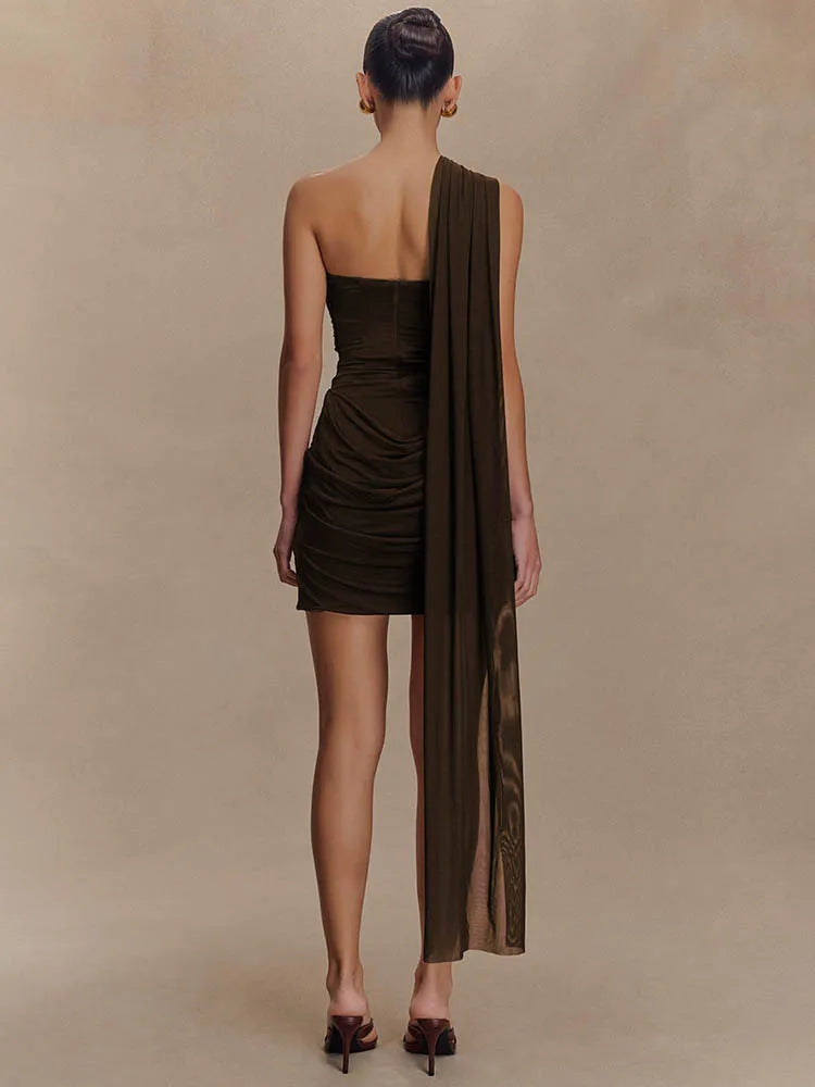 One Shoulder Backless Sexy Mini Dress Women Fashion Off-shoulder Sleeveless Backless Draped Ruched Bodycon Club Dress