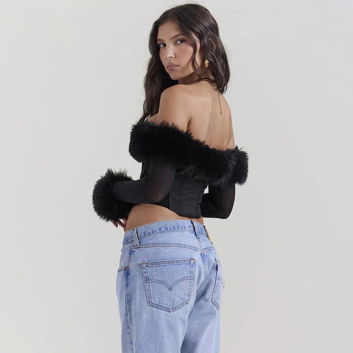 Load image into Gallery viewer, Autumn and Winter Women Tops 2023 Detachable Fur Off The Shoulder Cropped Top Sexy Black Casual Long Sleeve Blouse
