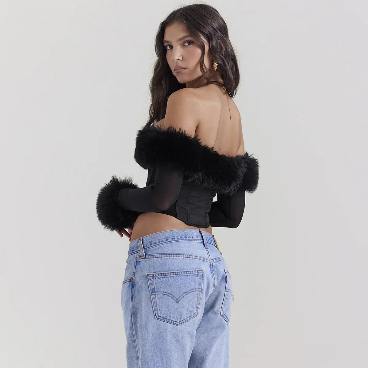 Autumn and Winter Women Tops 2023 Detachable Fur Off The Shoulder Cropped Top Sexy Black Casual Long Sleeve Blouse