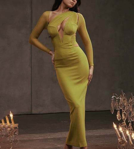 Elegant Long Sleeved Hollow Out Mesh Patchwork Dress For Women Bodycon Zipper Vestidos Female Slim Party Evening Dress