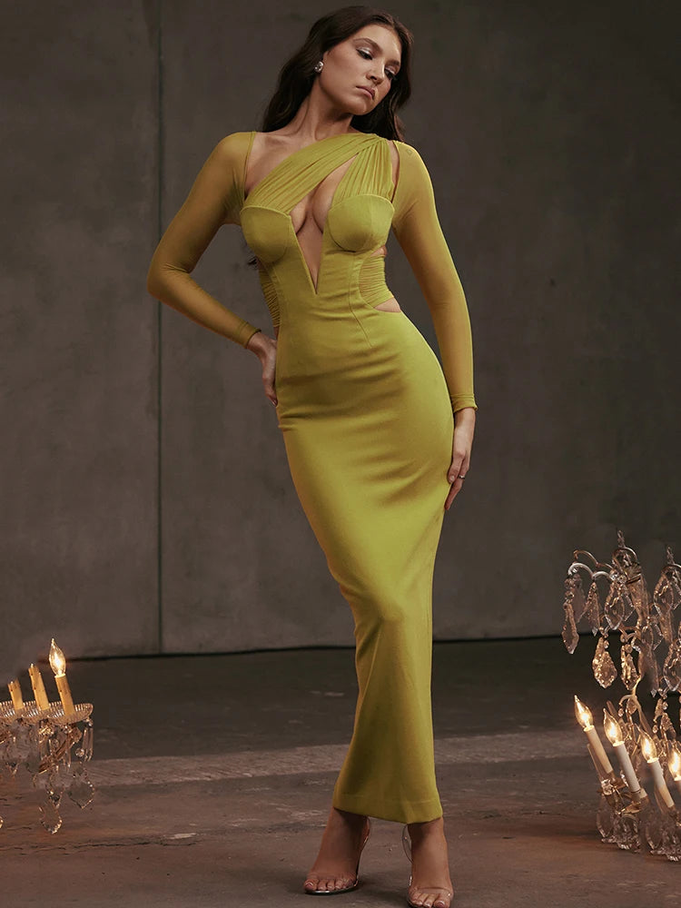 Elegant Long Sleeved Hollow Out Mesh Patchwork Dress For Women Bodycon Zipper Vestidos Female Slim Party Evening Dress