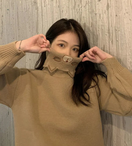 Kawaii Knitted Sweaters Turtleneck Cat Pullover Women Japanese Sweet Cartoon Jumpers Knitwear Autumn Winter Pullovers