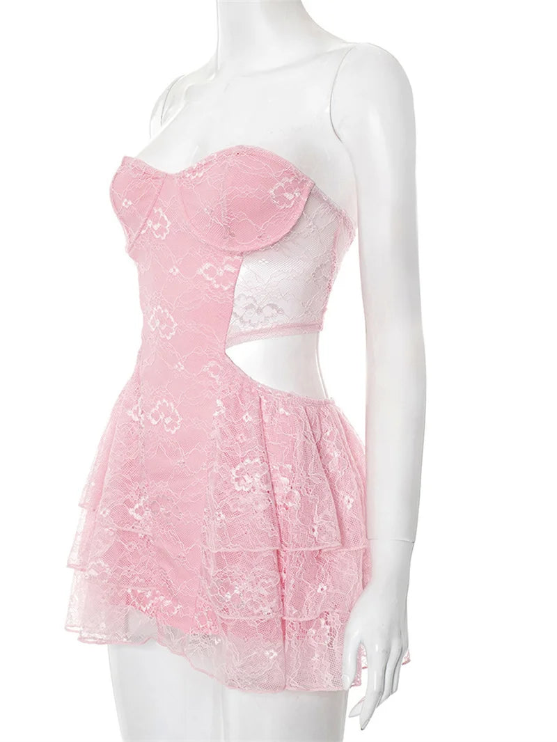 Lace Hollow Out Sexy Mini Dress Women Summer New Off-shoulder Strapless Sleeveless Backless A-line Club Party Dress