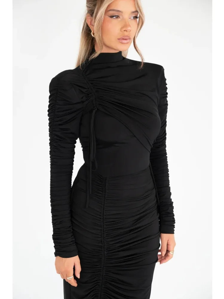 Elegant Long Sleeved Elastic Tight Pleated Maxi Dress Women Slim Party Club Evening Dress Autumn Winter New 2024 Vestido