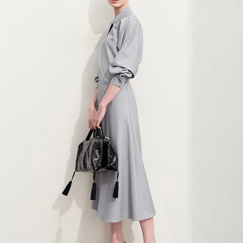 Minimalism Dress for Women 2025 Autumn New Stand Collar Twist Pleat Waist Long-sleeve Office Lady Women Dresses 12453014