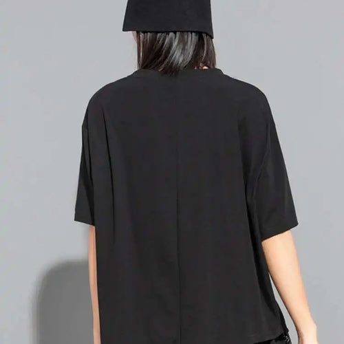 Load image into Gallery viewer, Women Black Irregular Big Size Casual T-shirt New O-Neck Short Sleeve Fashion Loose Fit Tide Spring Summer 2025 1DF6521
