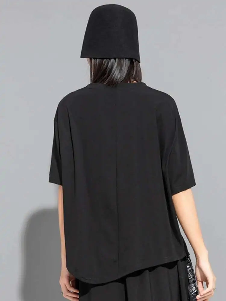 Women Black Irregular Big Size Casual T-shirt New O-Neck Short Sleeve Fashion Loose Fit Tide Spring Summer 2025 1DF6521