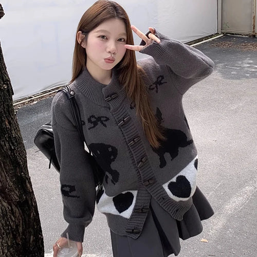 Load image into Gallery viewer, Vintage Striped Cartoon Jacquard Loose Cardigan Harajuku Stand Neck Horn Toggle Button Sweaters Y2k Aesthetic Knitted Cardigans
