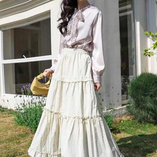 Load image into Gallery viewer, Spring Summer Sweet Retro Beige Pink Temperament Ruffle Edge Cake Long Skirt Women Black White Lace High Waist Party Club Skirts
