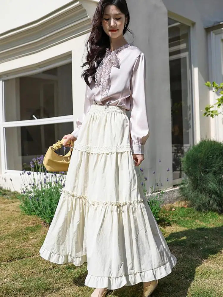 Spring Summer Sweet Retro Beige Pink Temperament Ruffle Edge Cake Long Skirt Women Black White Lace High Waist Party Club Skirts