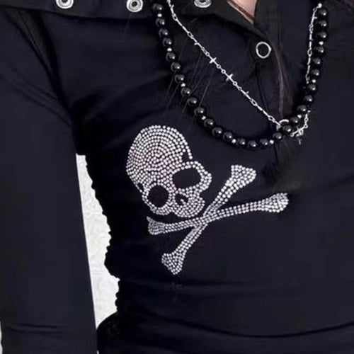 Load image into Gallery viewer, Y2k Aesthetic Diamond Skull Women T-shirt Gothic Punk Vintage Turn Down Collar Fairy Tshirts Streetwear Grunge Slim Fit Tees
