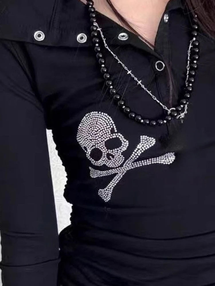 Y2k Aesthetic Diamond Skull Women T-shirt Gothic Punk Vintage Turn Down Collar Fairy Tshirts Streetwear Grunge Slim Fit Tees
