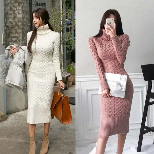 Load image into Gallery viewer, Autumn Winter Korean Blue Pink High Neck Slim Long Sleeve Dresses Women Retro Blue Temperament Wrap Hip Knitted Dress Simplicity
