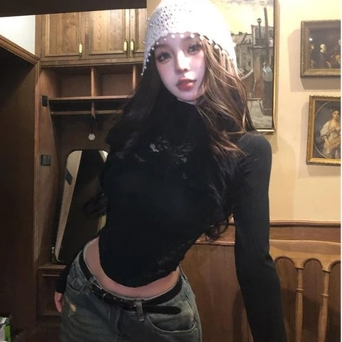 Load image into Gallery viewer, Y2k Aesthetic Vintage Lace Patchwork Tees 2025 Slim Fit Streetwear Autumn Bow Tshirts Women Harajuku Grunge Bottoming Crop Tops
