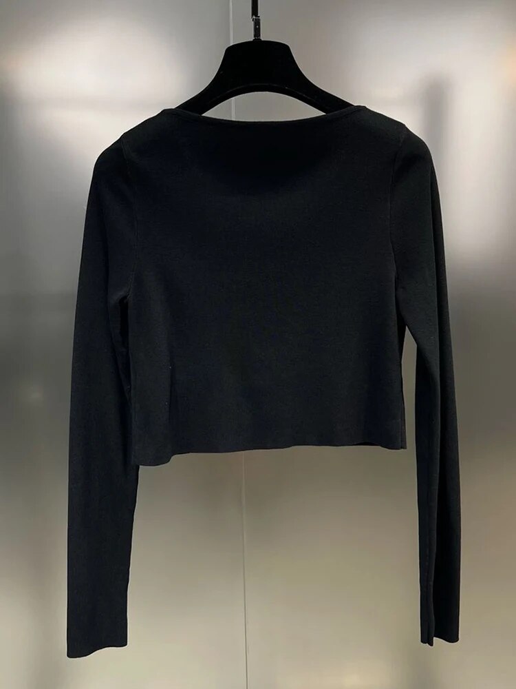 Solid Hollow Out Slimming Knitting Sweaters For Women Round Neck Long Sleeve Spliced Diamonds Sexy Sweater Female