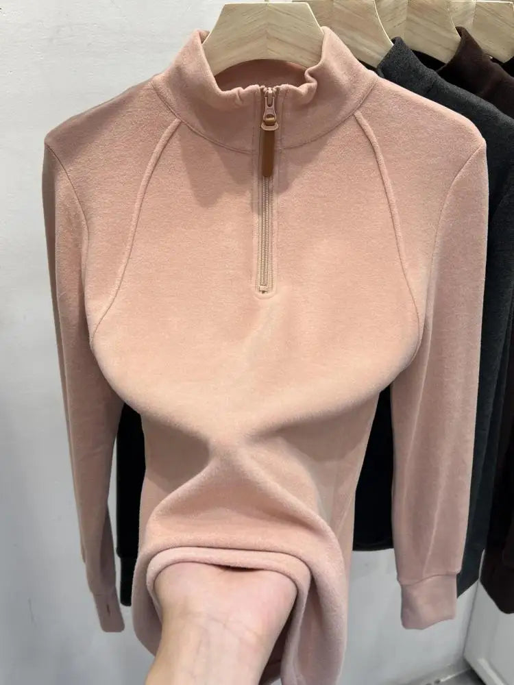 Autumn Winter Korean Fashion Solid Half Zipper Stand Pullover T Shirt Women Long Sleeved Tops 2024 Simplicity Versatile Clothing