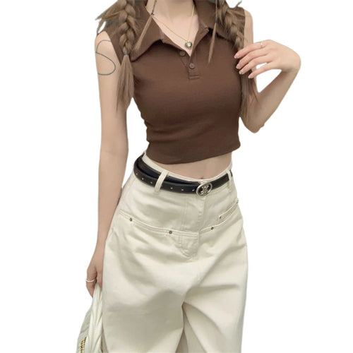 Load image into Gallery viewer, y2k Tank Top Women Summer Clothes Solid Color Turn Down Collar Buttons Sleeveless Tshirt Vest 2000s Clothing Streetwear
